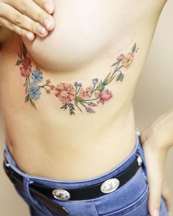 Colorful Flower Underboob Tattoos for Women