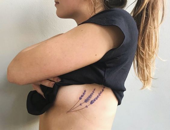 Lavender Tattoo Flowers Ribs Underboob