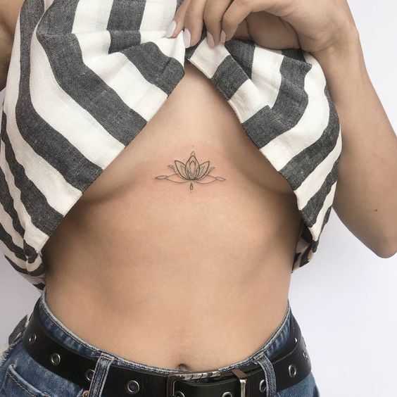 Lotus Flower Underboob Tattoo in Fine Line