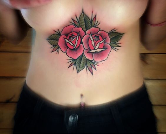 Traditional roses underboob tattoo